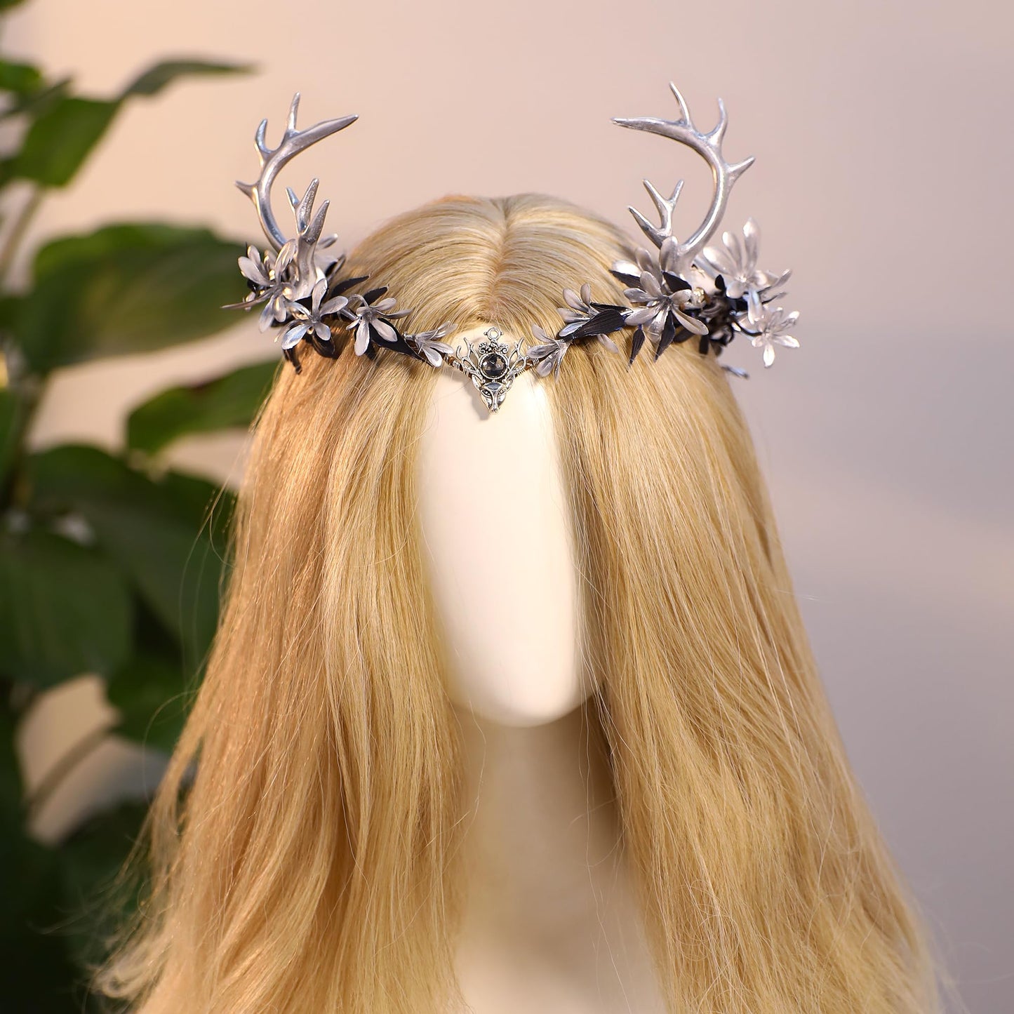 MOSTORY Light up Fairy Crown - Silver Antler Crown Flower Heapiece Elf Floral Circlet Woodland Headband for Women Halloween Outfit Renaissance Ren Faire Cosplay Photo Shoot