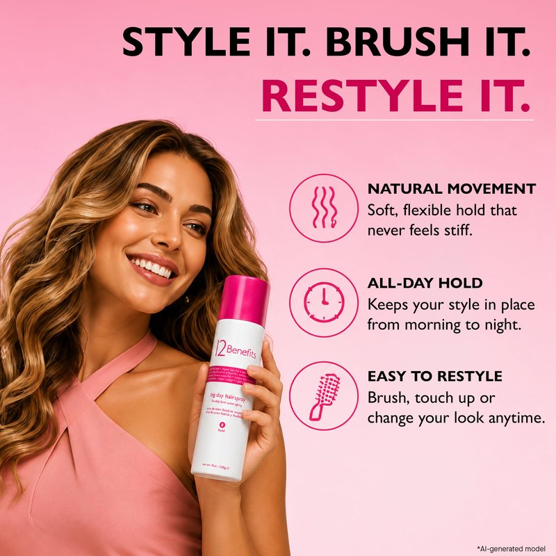 12 Benefits Flexible Hold Hairspray – Brushable, Buildable Volume Spray, Lightweight No Crunch Finish, Humidity Resistant Long Lasting Hair Spray for Natural Movement