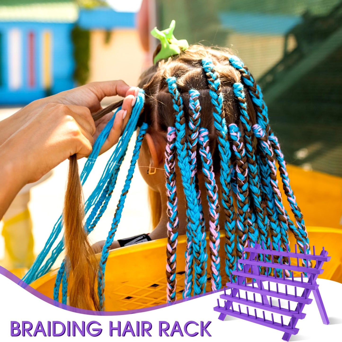 Juexica 19 Pieces Braiding Hair Rack Braid Hair Extension Tools Utensils Include Braiding Stand, 10 Parting Comb Ring, 5 Sectioning Clips, 2 Rat Tail Comb and Magnetic Pin Wristband(Purple)