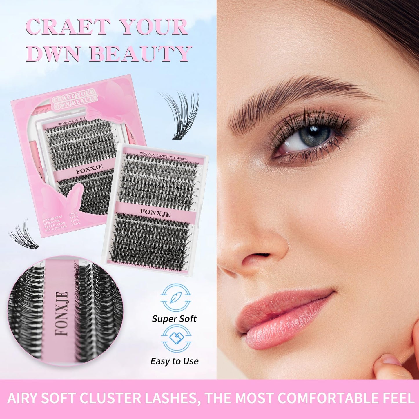 FONXJE DIY Lash Clusters Kit for At-Home Eyelash Extensions | 280 Cluster Lashes (9mm-16mm) with Lash Glue, Bond Sealer & Tweezers | Reusable Cluster Lash Extension Kit for Natural Volume(30D+40D)