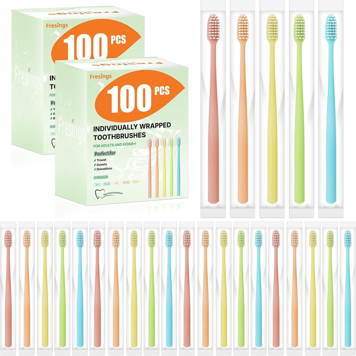 Disposable Toothbrushes Bulk - 200 Pack Individually Wrapped Soft Bristles | Travel, Hotel, Dental Office, Emergency Hygiene, 5 Colors