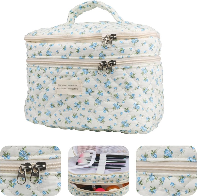 Quilted Floral Makeup Bag Set for Women - Dual Layer Travel Cosmetic Organizer | Blue Rose (3 Pcs)