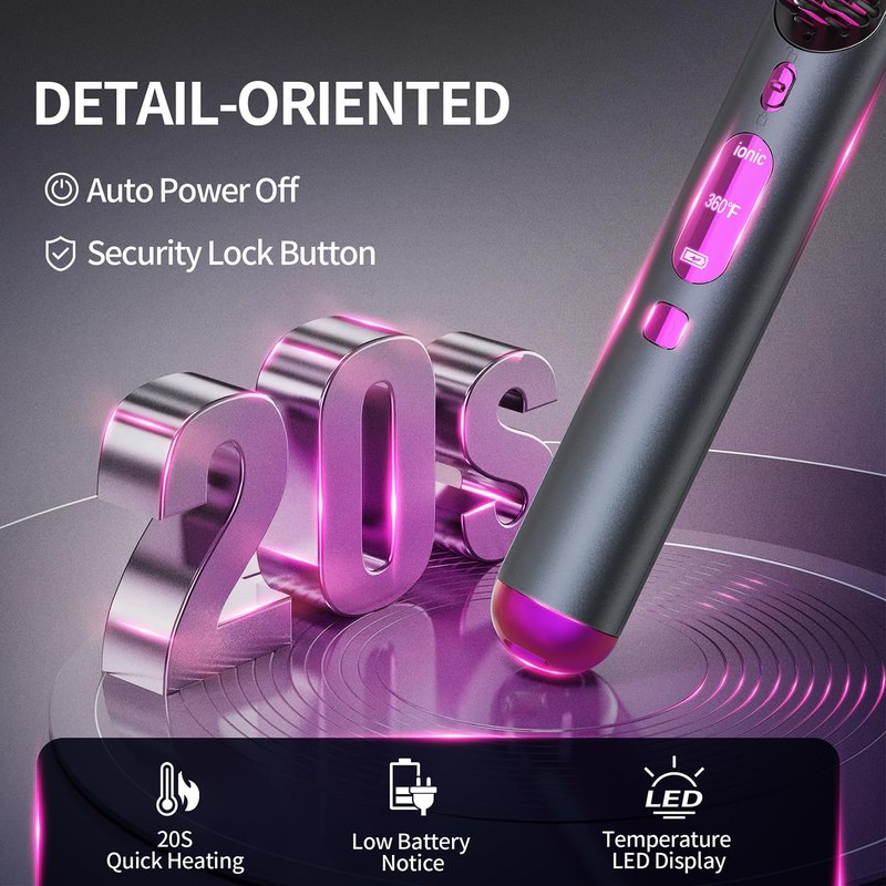 FeMaLUX Cordless Hair Straightener Brush, Portable Hair Straightener for Women,Lightweight for Travel Easy use,80mins Long Battery,10s Fast Heating, USB Rechargeable,Plasma Ionic Tech, LED Display