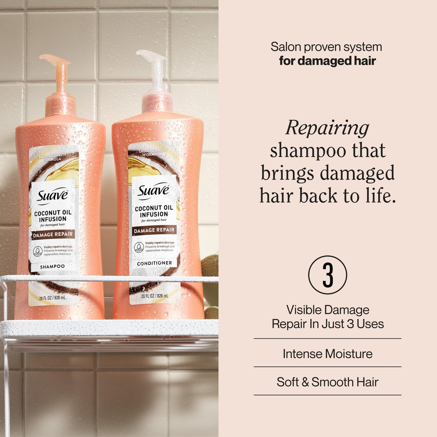 Suave Coconut Oil Infusion Shampoo for Damaged Hair, Salon-Proven Damage Repair System, Hydrates & Moisturizes for Visible Repair in 3 Uses, 28 FL OZ Pump, 4 Count