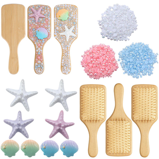 LemonRoad 3 Set DIY Wooden Hairbrush Craft Kit Decorate Your Own Hair Brush with Pearl Seashell Starfish Glue Hairbrush Gifts for Women Girls Birthday Bridal Baby Shower Wedding Mermaid Party Favor