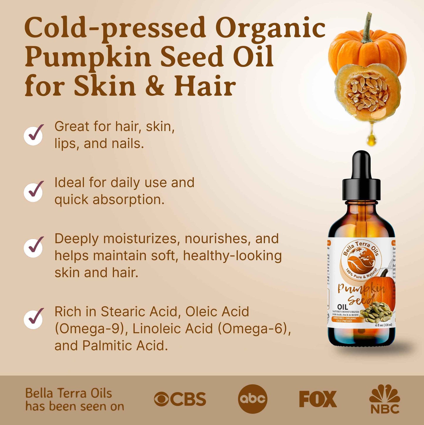 Bella Terra Oils Pumpkin Seed Oil 8oz - Organic, Cold-Pressed, Rich in Omega-9 & Essential Nutrients