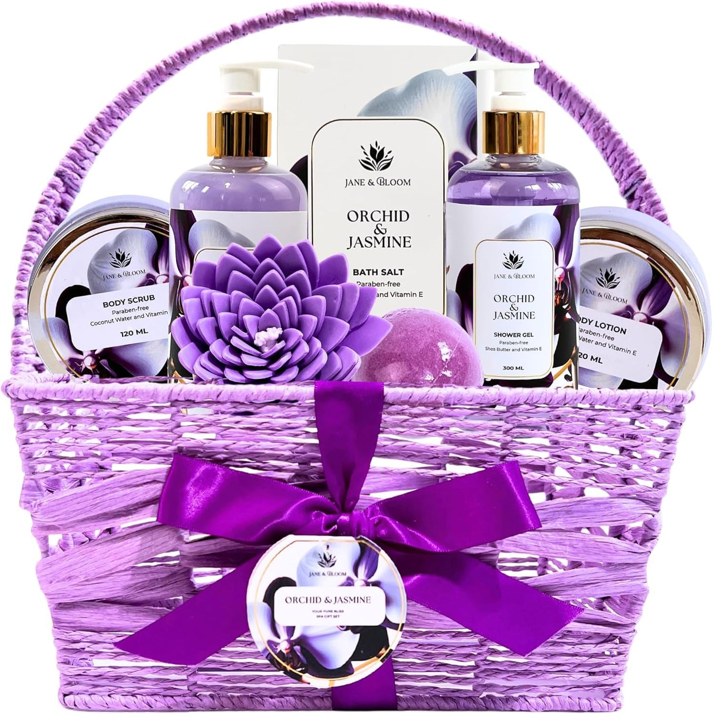 Christmas Bath Spa Gifts for Women - 9-Piece Luxury Bath & Body Set | Orchid & Jasmine Shower Gel, Bubble Bath, Lotion & More