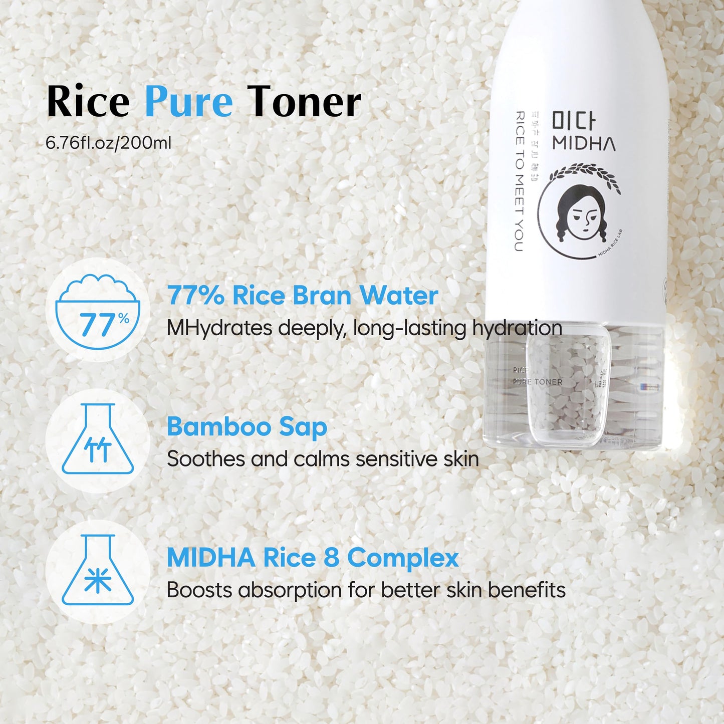 MIDHA Rice Pure Toner, 6.76fl.oz/200ml, Hydrating, Soothing, Fast-Absorbing Daily Toner – Lightweight, Vegan, Alcohol-Free, Clean Beauty Skincare for Sensitive & Dry Skin