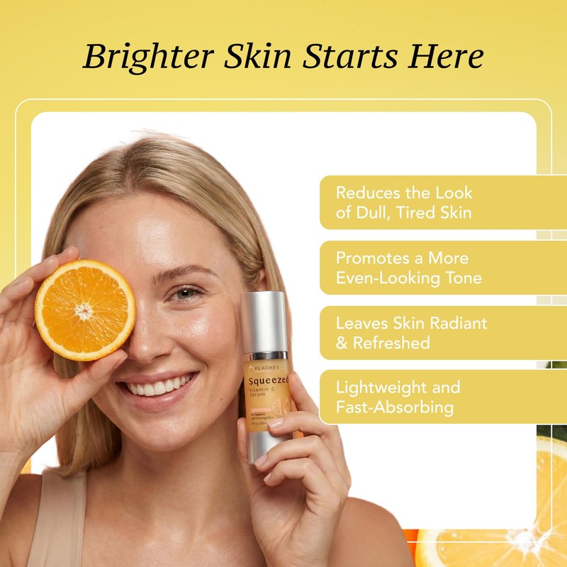 Peaches Skin Care Squeezed Vitamin C Serum with Kakadu Plum, Gold and CoQ10 – Lightweight Hydrating Formula for Radiant-Looking Complexion – Vegan Skincare for Women, 1 fl oz