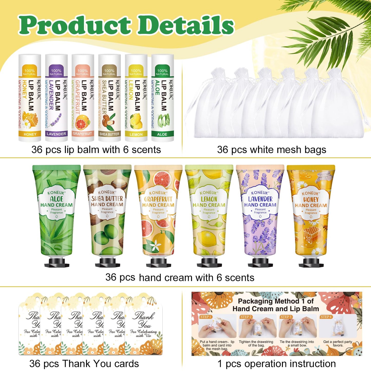 KONEUK 36 Pack Hand Cream Bulk and Lip Balm Bulk Sets, Party Favors