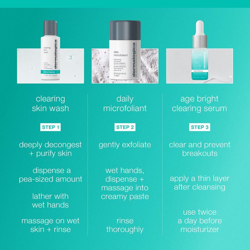 Dermalogica Clear and Brighten Kit, 3 Step Facial Skincare Set - Includes Face Cleanser, Exfoliator, and Serum