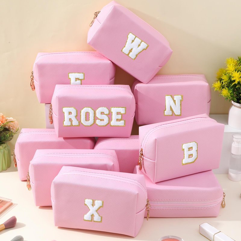 Kigeli 10 Pcs Aesthetic Makeup Bag with 26 Chenille Letters PU Leather Initial A-z Preppy Patch Bag Bachelorette Party Favors Cosmetic Pouches for Women with Zipper Bridal Shower Favors(Pink)