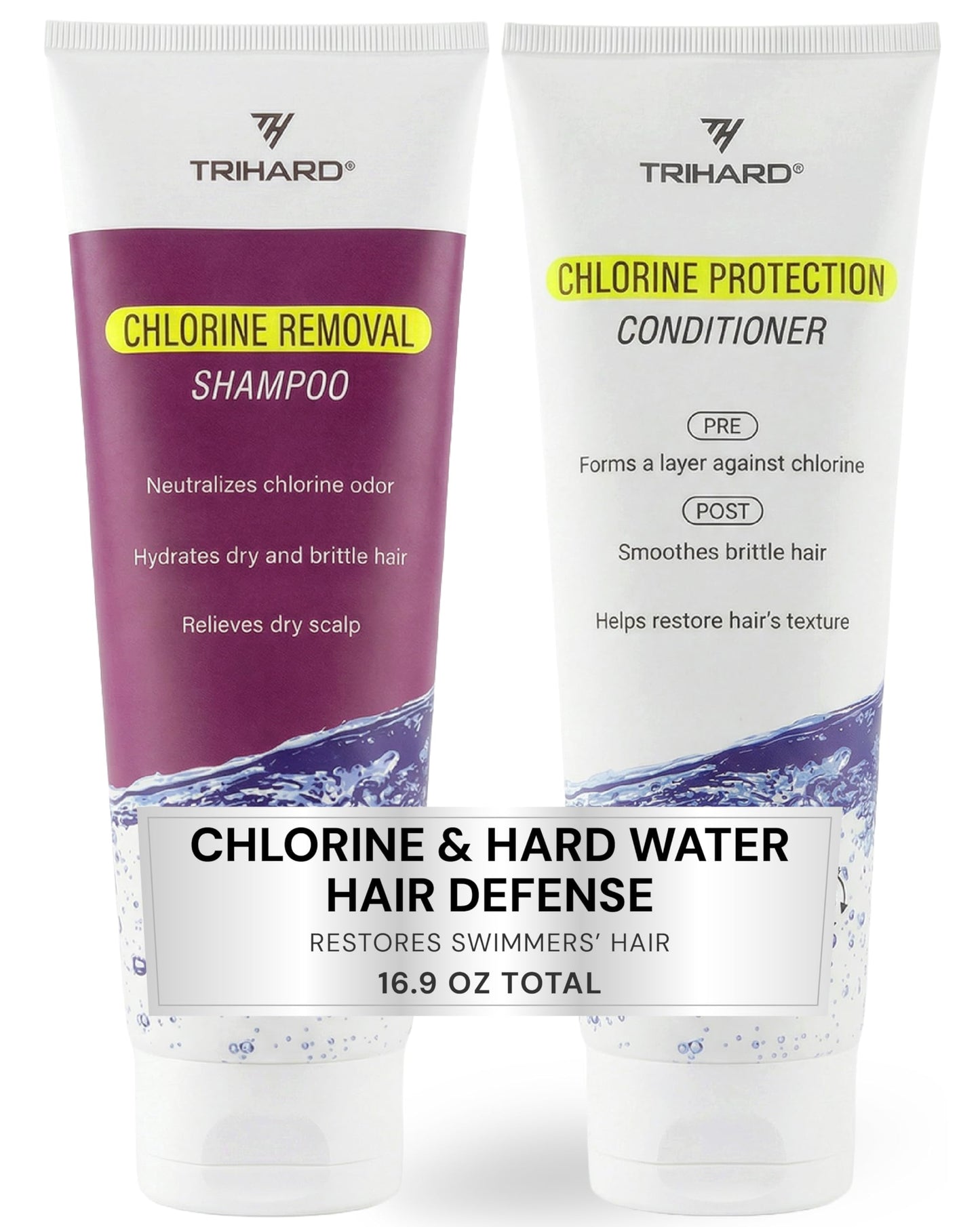 TRIHARD Chlorine Defense Swim Shampoo and Conditioner Combo, Protect and Hydrate Hair from Pool & Ocean, Nourishing Pre and Post Swim Chlorine and Hard Water Hair Protection
