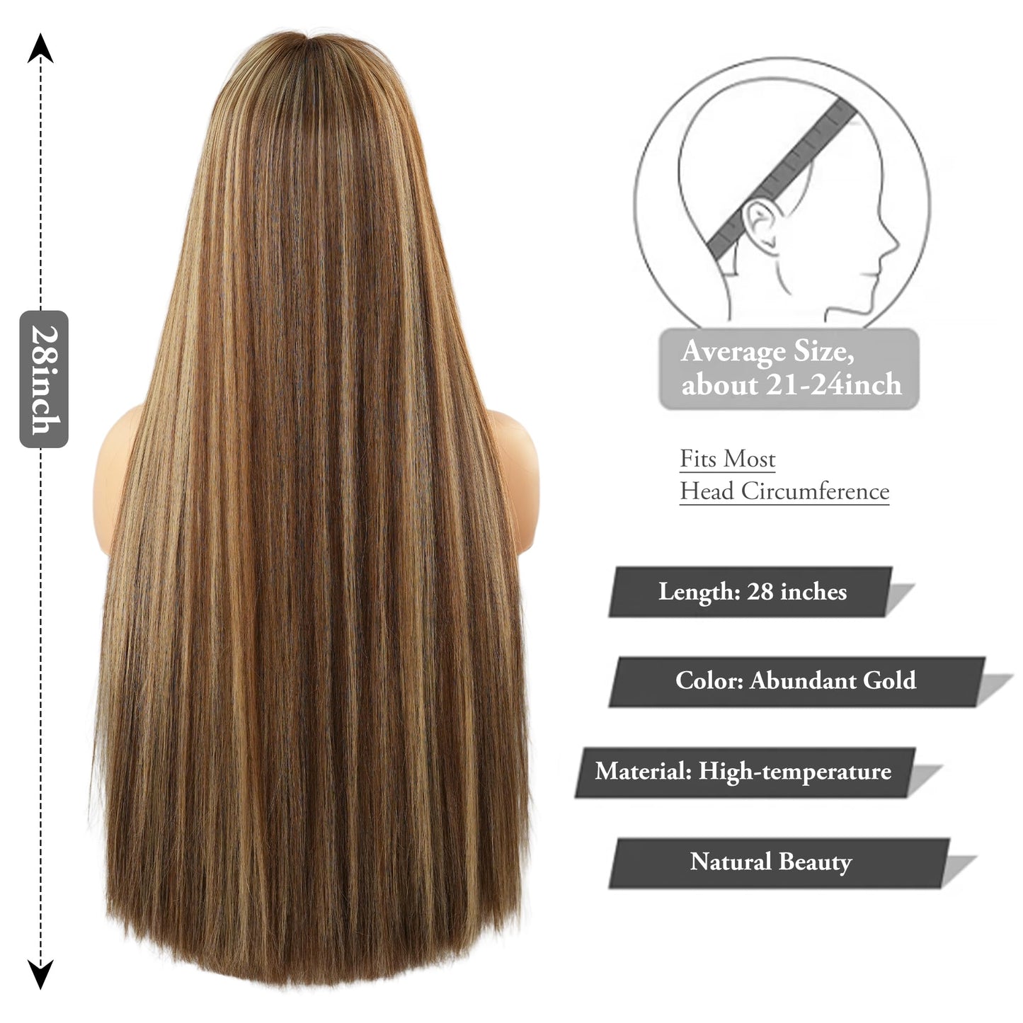 PARK YUN Blonde Highlight Wigs for Women 28 Inch Long Straight Synthetic Wig with Bangs Blonde Mix Brown Heat Resistant Silky Soft Fiber Glueless Full Wig for Daily Party Cosplay Use