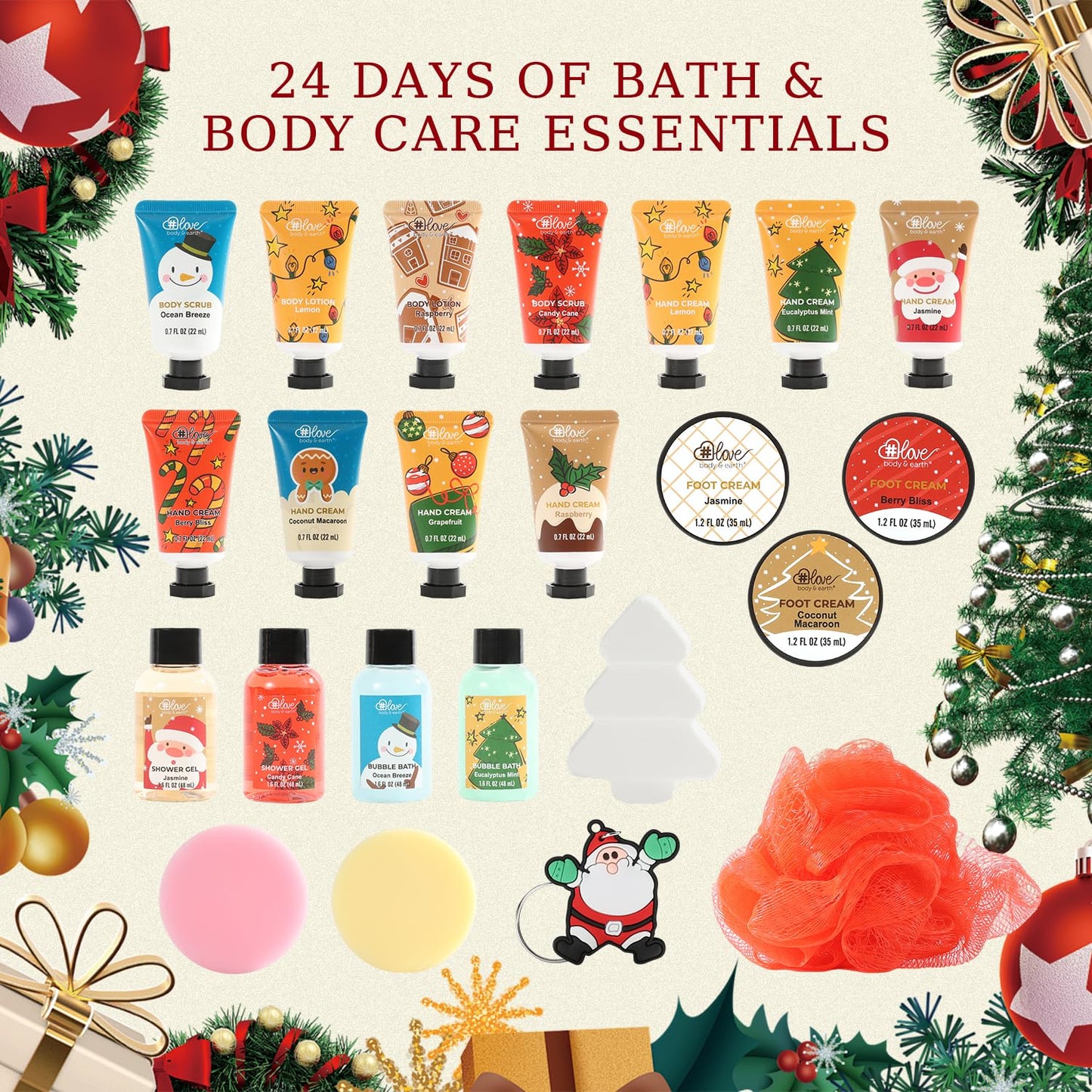 BODY & EARTH # LOVE Advent Calendar 2025 Womens Christams Gifts, Advent Beauty Calendar for Teen Girls 24 Days Countdown Calendar Hand Cream Gifts Spa Bath Sets with Body Lotion, Santa Keychain, Red