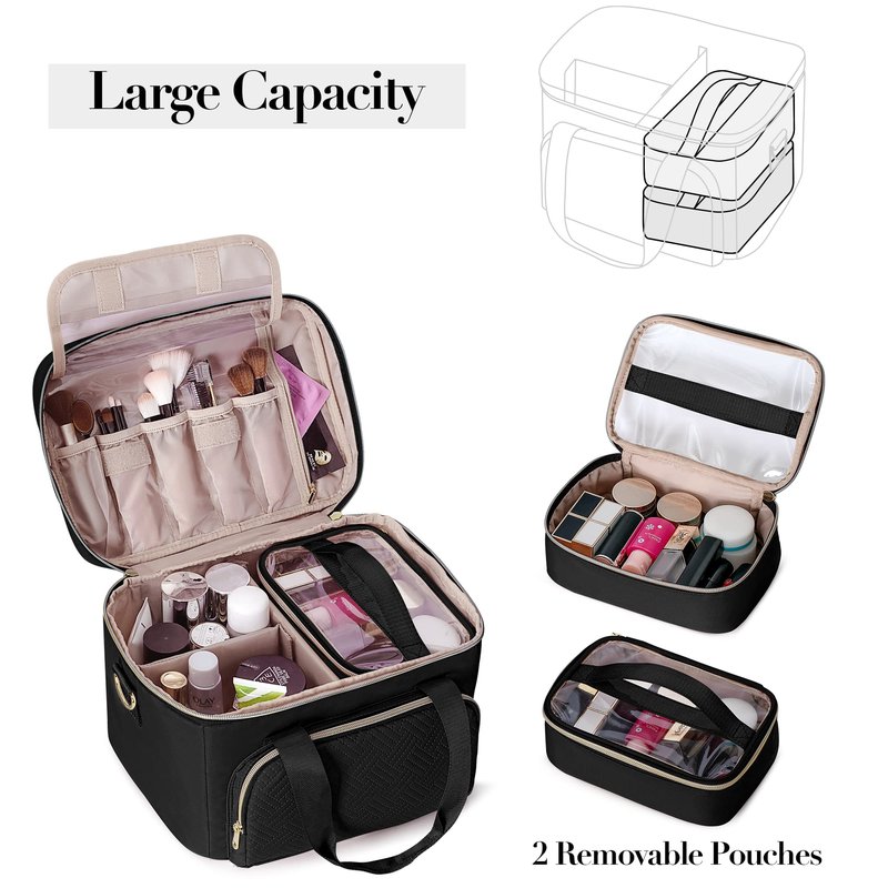 Prokva Travel Makeup Bag with 2 Pouches and Adjustable Dividers, Large Cosmetic Case Make up Organizer for Women Fits Bottles Vertically, Black (Patented Design)