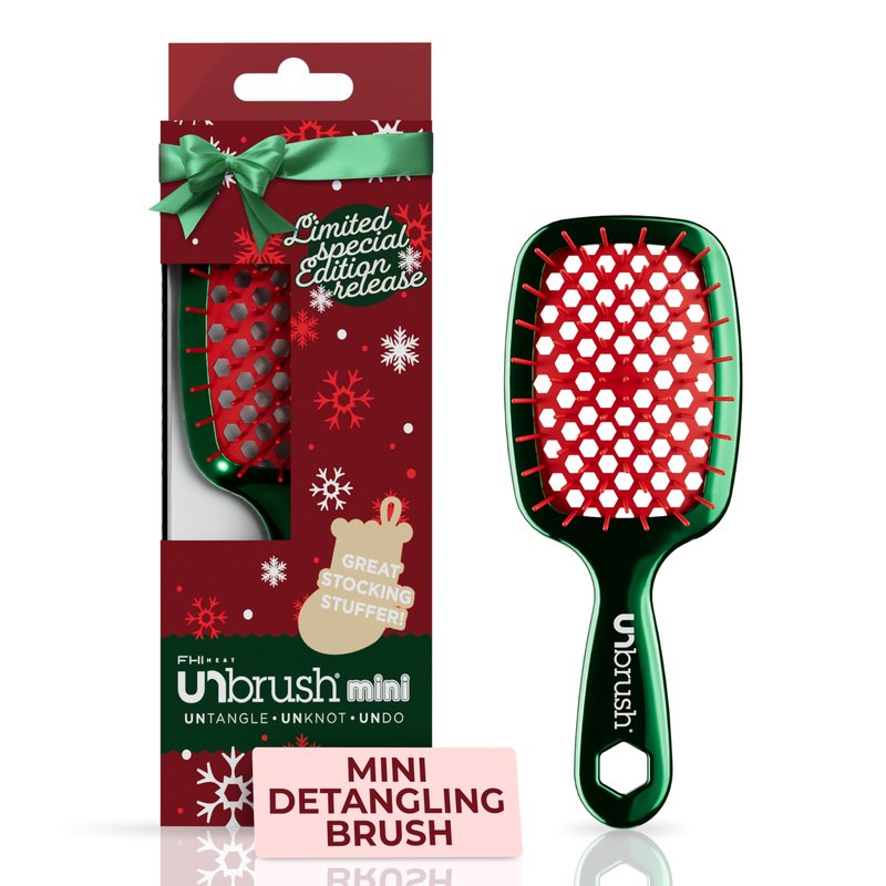 UNbrush Mini Holiday Hair Brush for Pain-Free Brushing On All Wet/Dry Hair Types — Mini UNbrush Detangling Brush with Durable Anti-Static Bristles, Lightweight & Vented — Christmas Hair Care Gifts