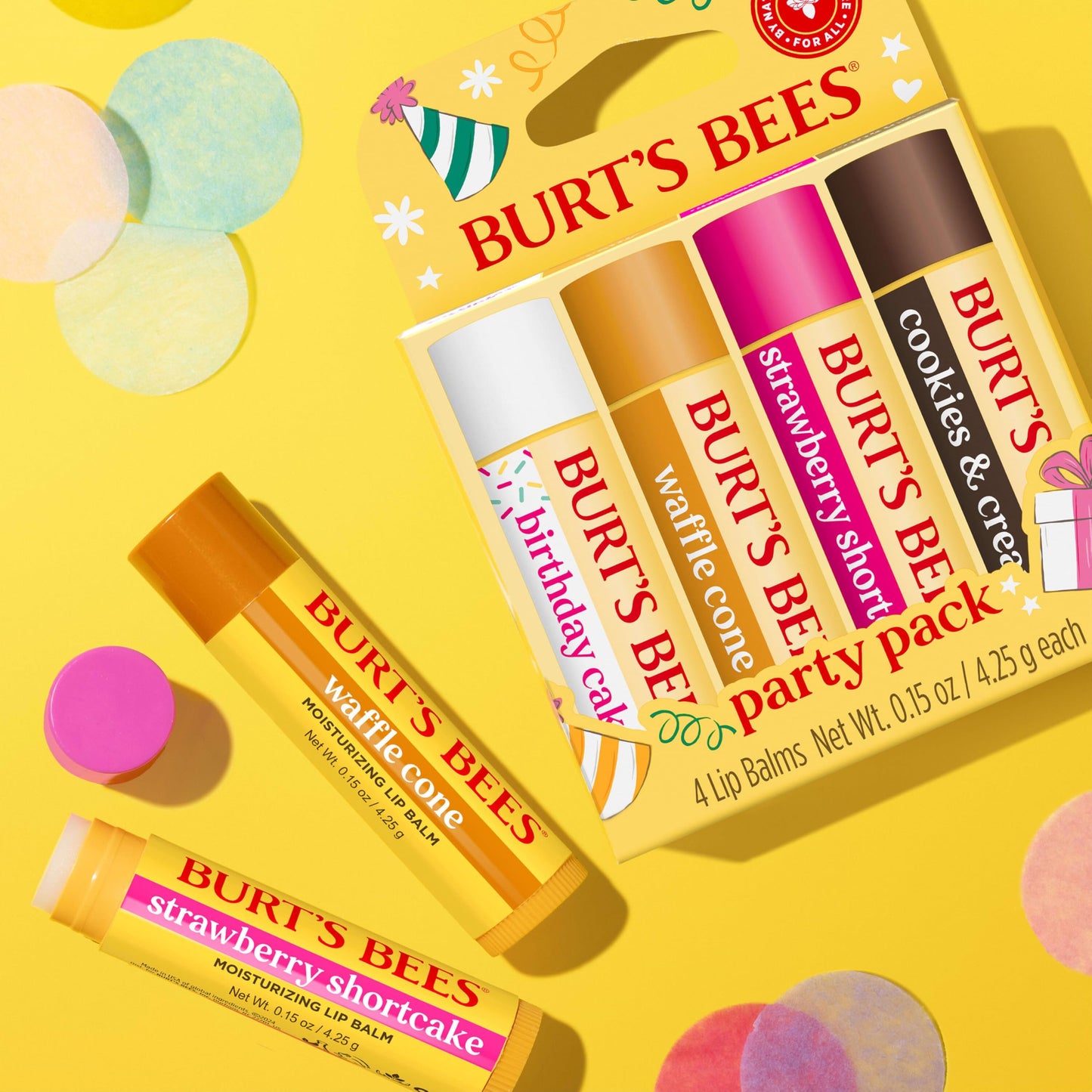 Burt's Bees Lip Balm Party Pack, Birthday Cake, Waffle Cone, Strawberry Shortcake, and Cookies & Cream, All Day Moisturizer, Tint-Free, Natural Origin Conditioning Lip Treatment, 0.15 oz., Four Tubes