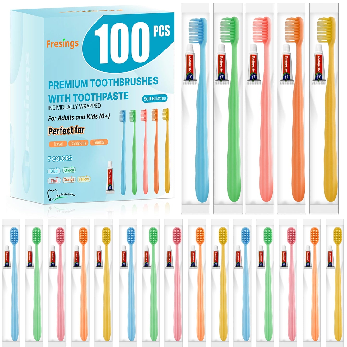 Fresings 100 Pack Disposable Toothbrushes with Toothpaste, Individually Wrapped, Soft PBT Bristles, Peanut Grip Handle, Fluoride-Free, Bulk Travel Kit for Hotel, Guests, Emergency, Adults & Kids