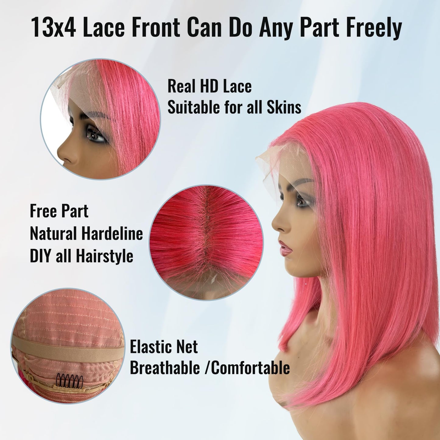 Pink Bob Lace Front Wigs Human Hair Pre Plucked 13x4 Straight Pink Bob Wigs 8Inch Glueless HD Lace Front Wig Human Hair 180% Density Pink Bob Wig for Black Women （10in）