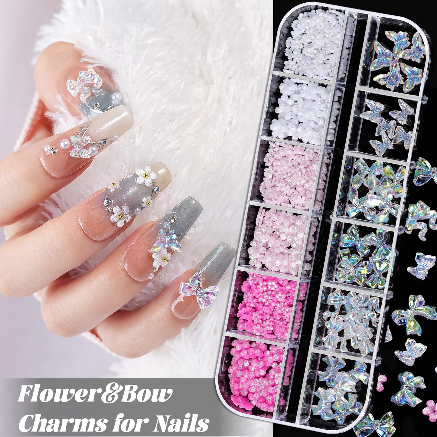 Nail Charms and Gems, Nail Art Kit with 30 Sheets Flower Nail Stickers, 6 Boxes 3D Nail Charms Colorful Clear Flatback Rhinestones Pearls, Diamonds,Picker Tools,Beads Pearls for Nails Art