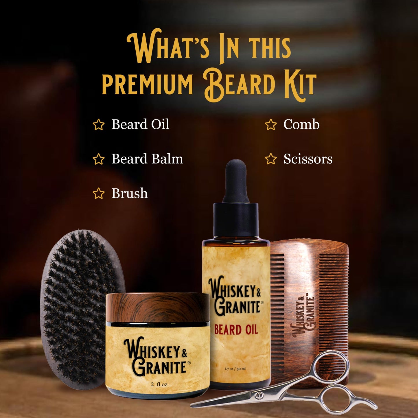 Whiskey & Granite Beard Kit for Men – 100% Natural Ingredients (Mountain Shine). Includes beard oil and balm, comb, brush, and scissors.