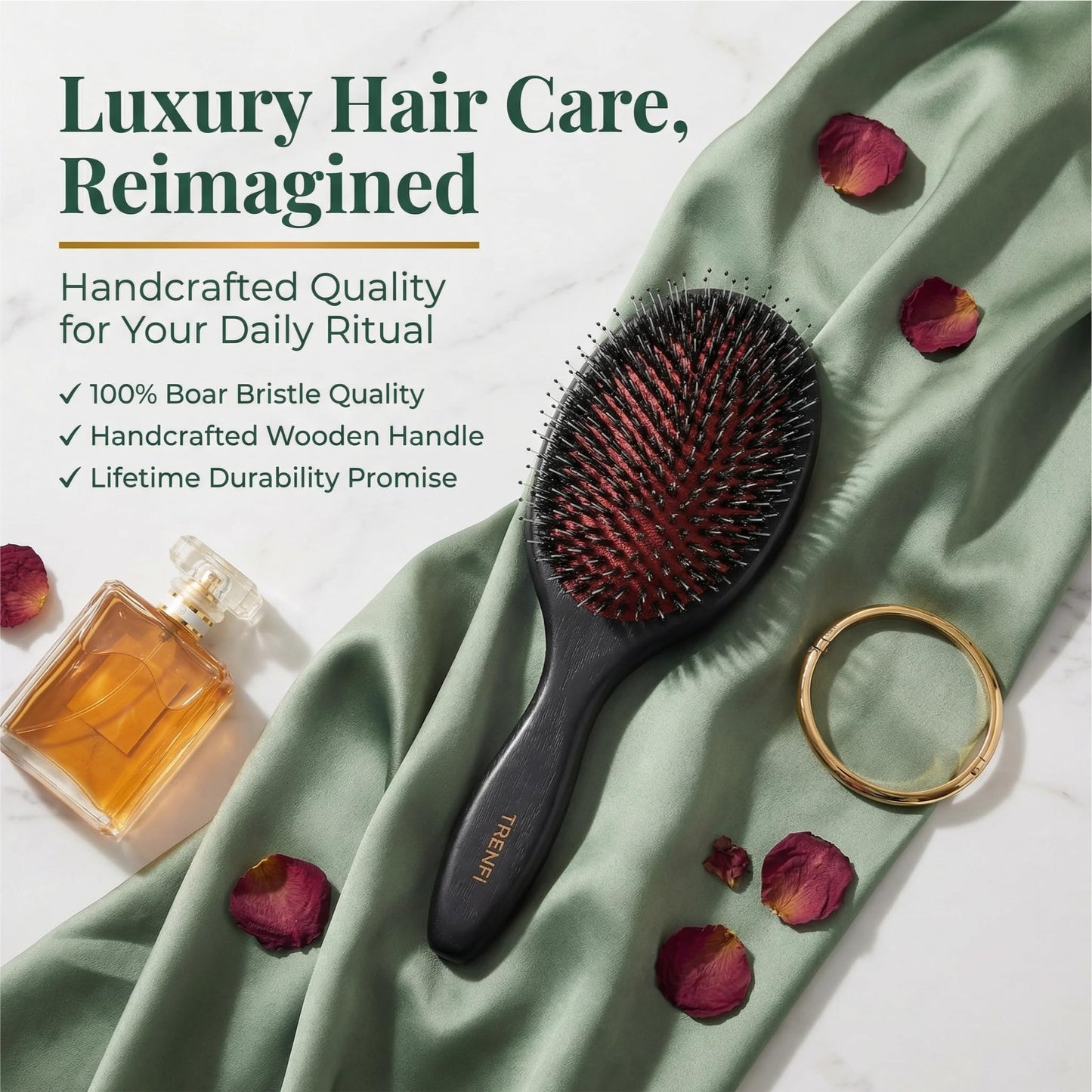 TRENFI Boar and Nylon Bristle Hair Brush | Solid Red Oak Oval Cushion Brush for Thick Wavy Curly Hair