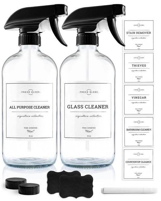 Vine Creations Glass Spray Bottles, 2 Pack Refillable Spray Bottles for Cleaning Solutions, Plant Misters, Clear Glass Spray Bottle for hair, 16 oz Mister Spray Bottle with Waterproof Labels