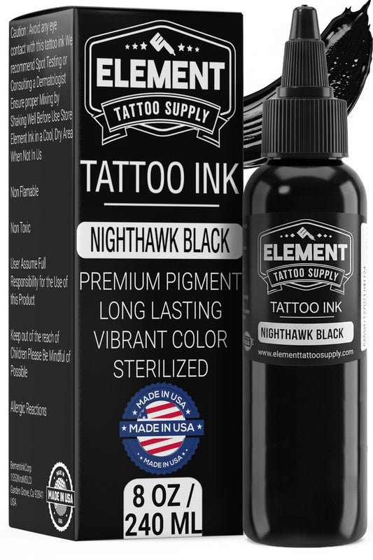 Element Tattoo Supply Nighthawk Black Tattoo Ink 8oz Deep Dark Black Pigment Professional Grade Smooth Flow Bold Solid Lining Shading Fade Resistant Trusted Tattoo Ink for Artists