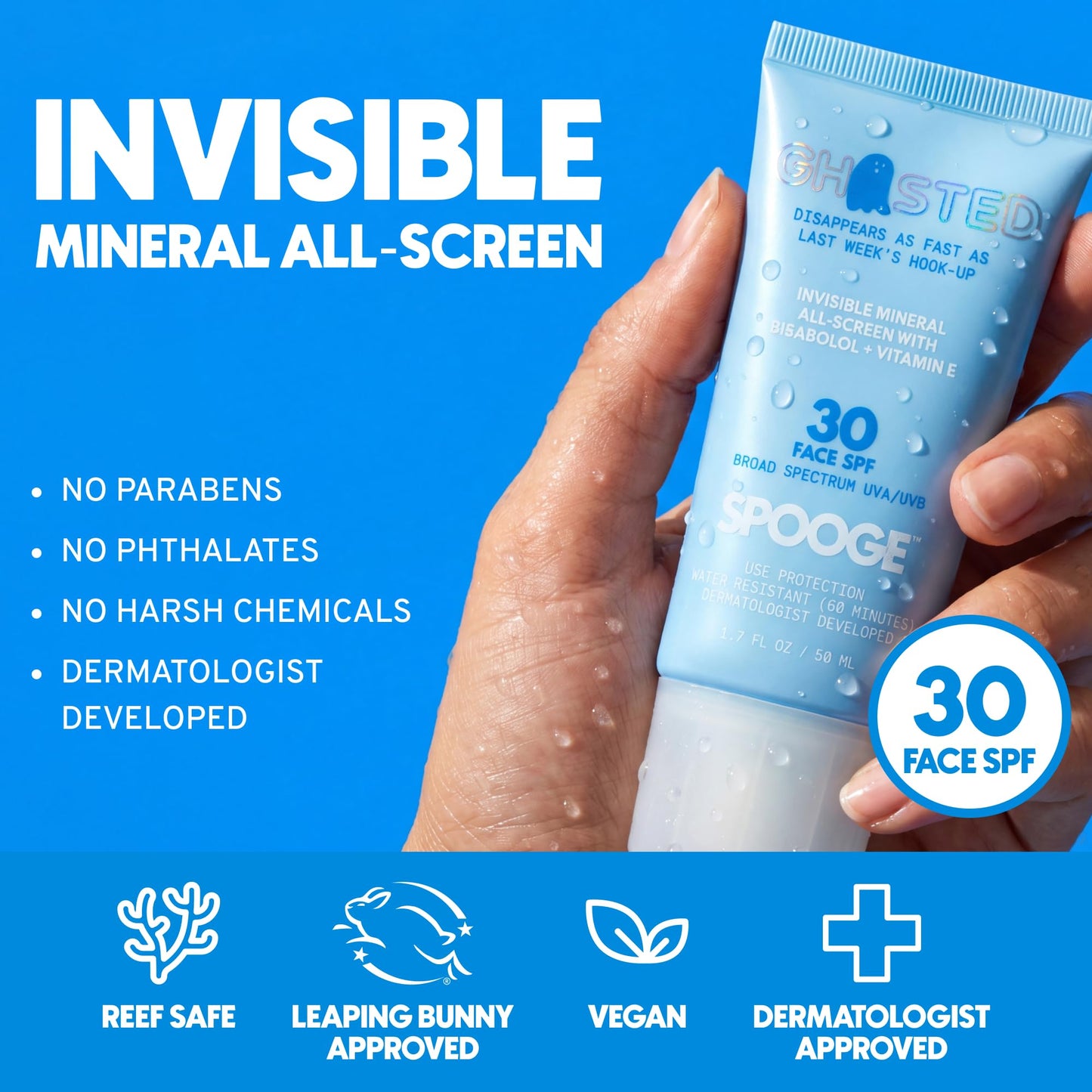 Spooge Ghosted | Mineral Sunscreen SPF 30 | Oil-Free Non Toxic Sun Care | Zinc Oxide Sunscreen | Water Resistant | Bisabolol Infused Formula | Dermatologist Developed | Reef Safe Sunblock | 1.7 oz