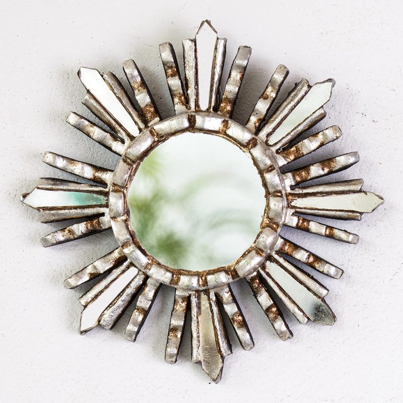 Sunburst Wall Mirror - Hand-Carved Peruvian Wood Round Decorative Accent | 6" Silver