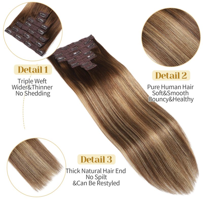Mocona Clip in Hair Extensions Real Human Hair, 12 Inch 7pcs 70g/Pack - Ombre Chocolate Brown to Caramel Blonde, Soft Hair Extensions Real Human Hair Clip ins Straight for Women (12 Inch)