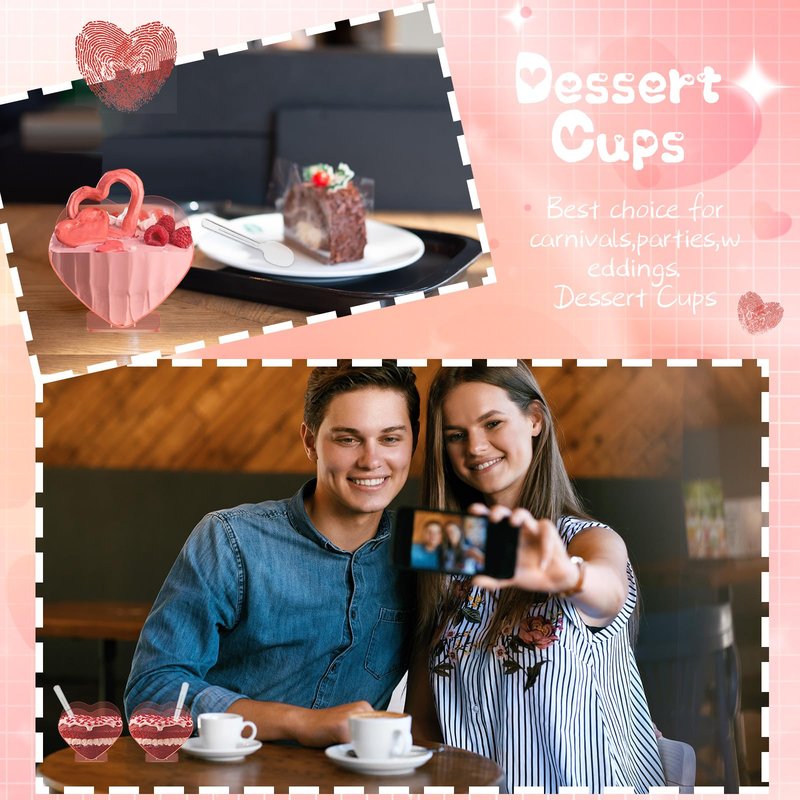 Ziliny Mini Heart Shaped Dessert Cups with Spoons 2.7 oz Valentine Day Plastic Appetizer Cup Clear Disposable Reusable Heart Shaped Bowl for Valentine Wedding Party Cakes Ice Cream(Pink,40 Set)