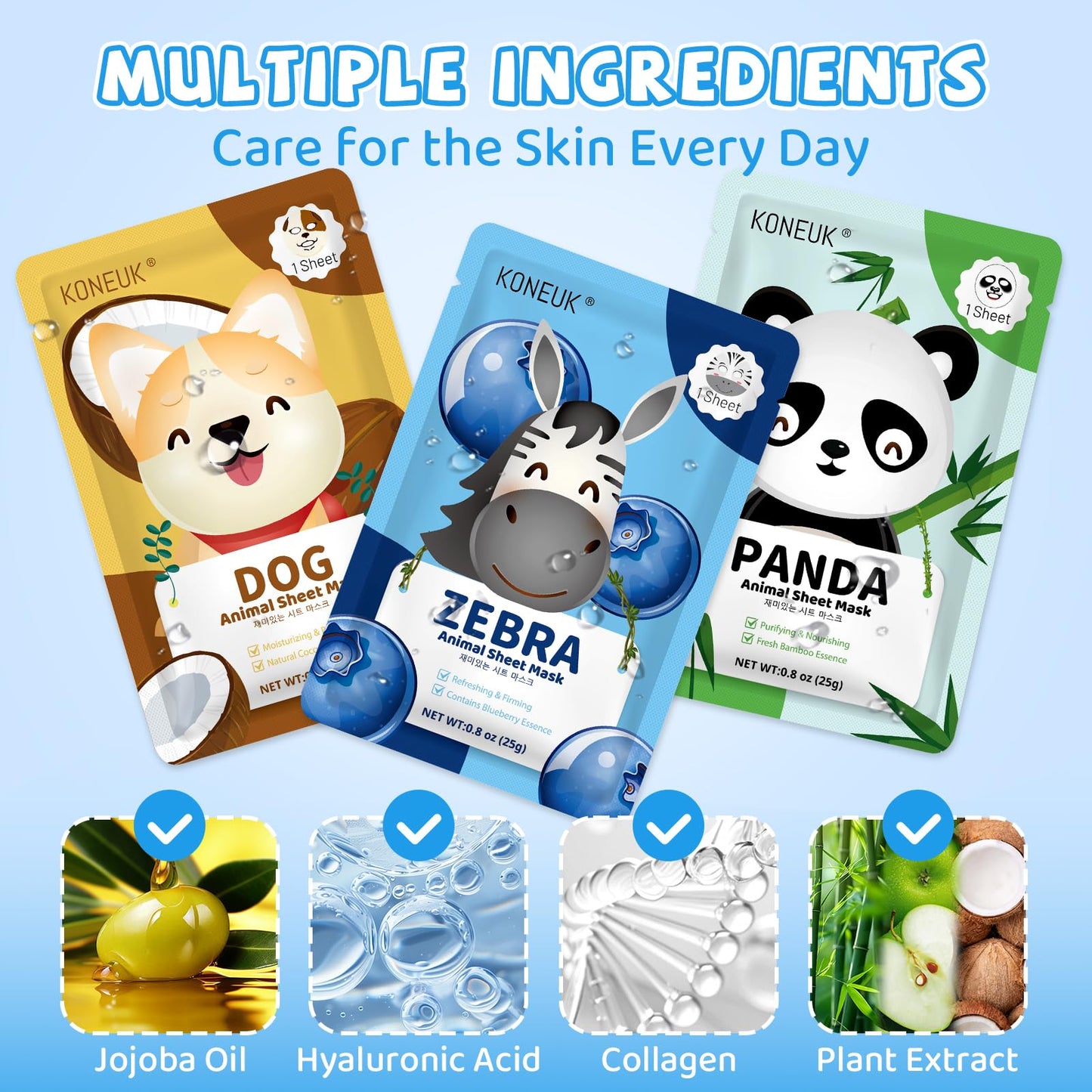 KONEUK 36 Pack Cute Animal Kids Face Mask, Sheet Collagen Moisturizing Face Mask for Girls Teens, Sleepover Party Supplies, Bulk Spa Party Gifts and Birthday Gifts