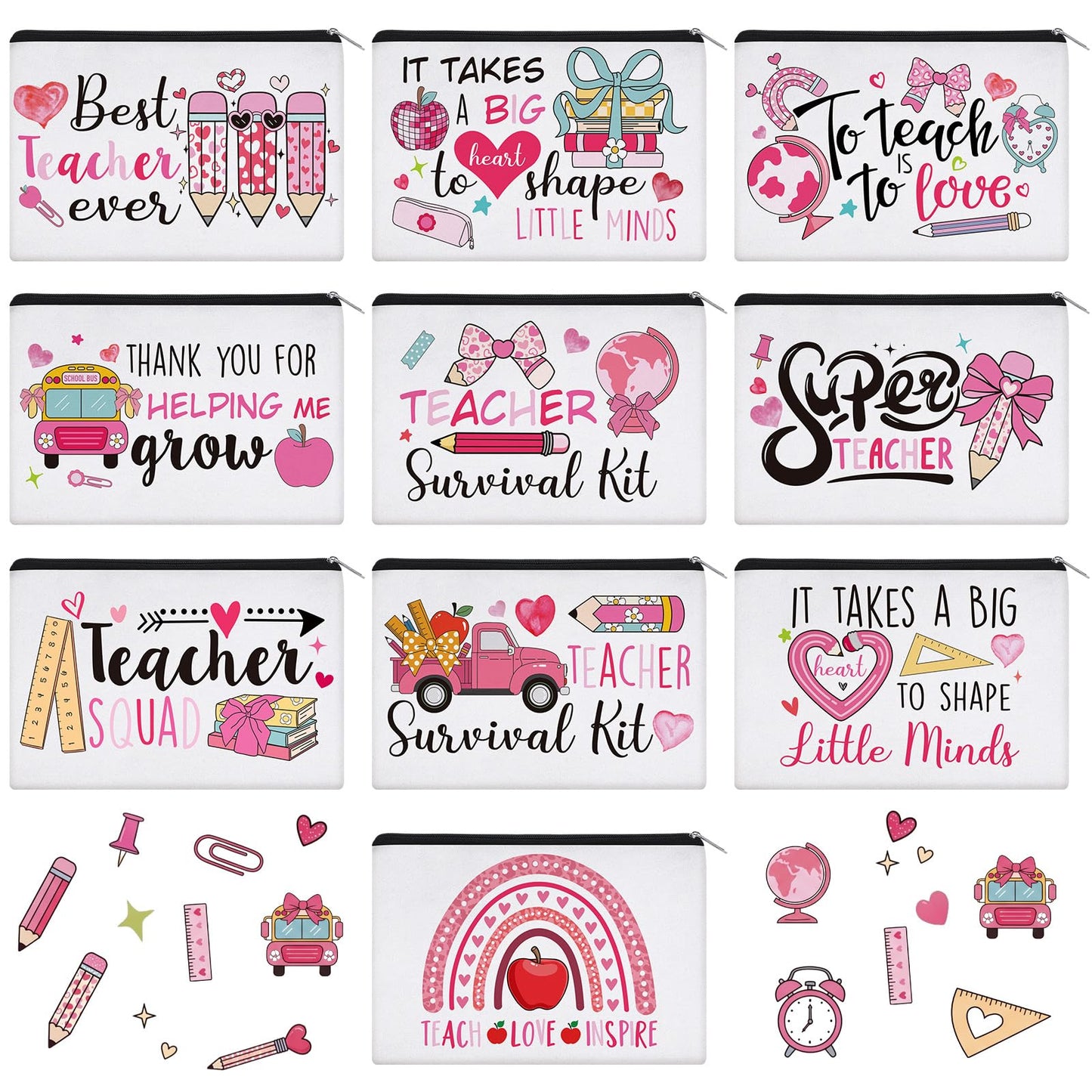 Irenare 30 Pcs Teacher Gift Bulk for Women Makeup Bags Teacher Week Canvas Cosmetic Pencil Pouch Zippered Toiletry Bags Appreciation Thank You Gifts for Teachers