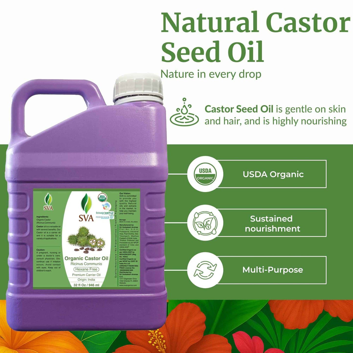 SVA Castor Seed Oi Organic - 32 Fl Oz – 100% Natural Cold Pressed Organic Castor Oil - for Face, Skin Care, Hair Care, Scalp Massage & Body Massage