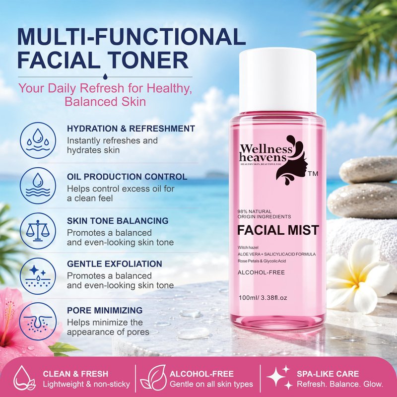 Hydrating Witch Hazel Face Toner with Aloe Vera & Glycolic Acid – Rose Petal Pore Minimizing Facial Toner for Acne Prone Skin, Blackheads, Oily & Combination Skin – Alcohol Free Daily Glow Toner 100ml