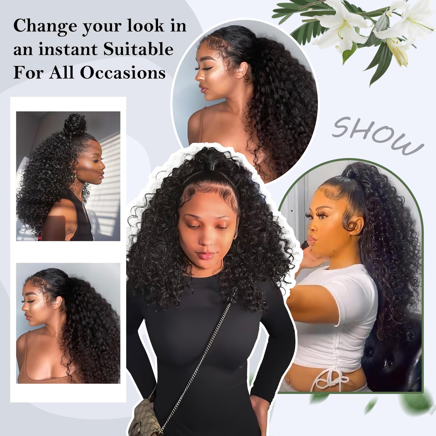Alebery 20 Inch Drawstring Ponytail Extension for Black Women Deep Curly Ponytail Extension Synthetic Mixed with Human Hair Hairpieces Afro Kinky Curly Pony Tail for Daily Use (Black)