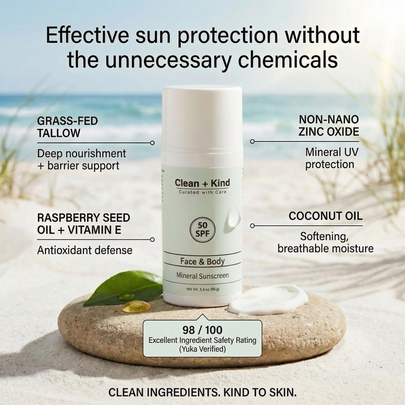 Clean + Kind Tallow Sunscreen SPF 50 — Travel Size Mineral Sport Sunblock, Non-Nano Zinc Oxide, Reef-Safe, 80 Min Water-Resistant Body Protection (3.4 oz)