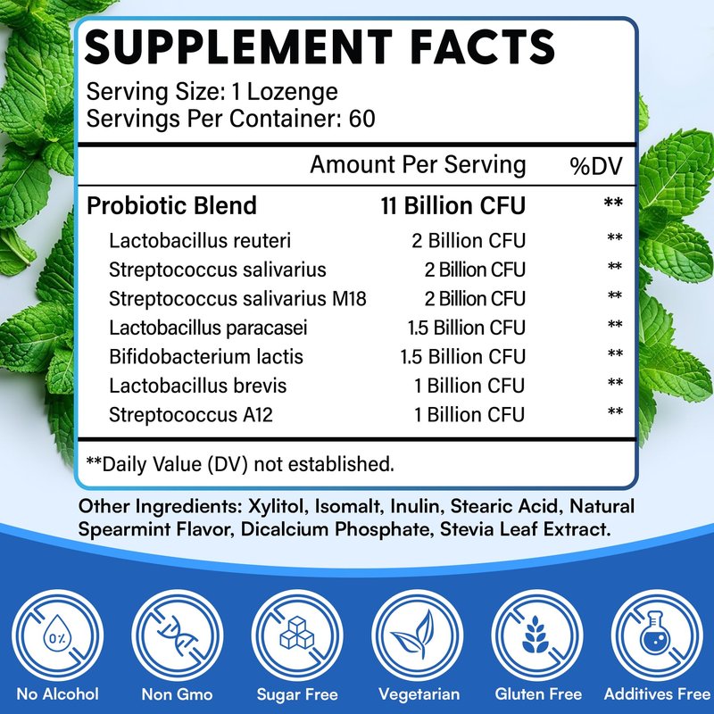 Oral Probiotics, 11 Billion CFU, with M18, A12, Oral Probiotics for Mouth Bad Breath for Adults, Dry Mouth, Gum Health & Gum Restore, Chronic Halitosis, Fresh Breath, 60 Lozenges (Mint Flavor)