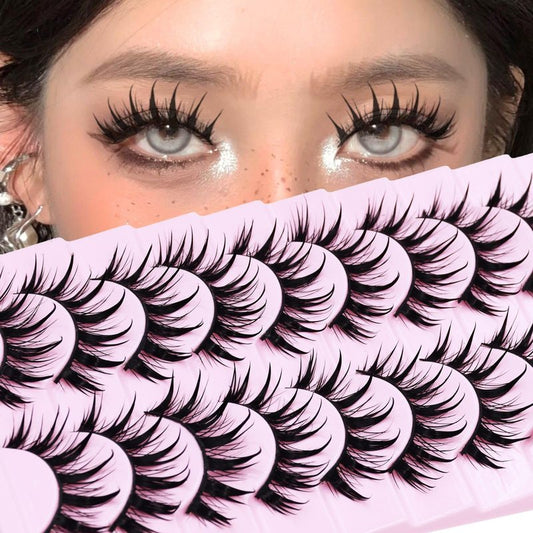 Anime Manga Style Cat Eye False Eyelashes 10 Pairs Wet Look C-Curl Spiky Makeup Lashes with Cotton Band for Cosplay, Daily Wear & Party