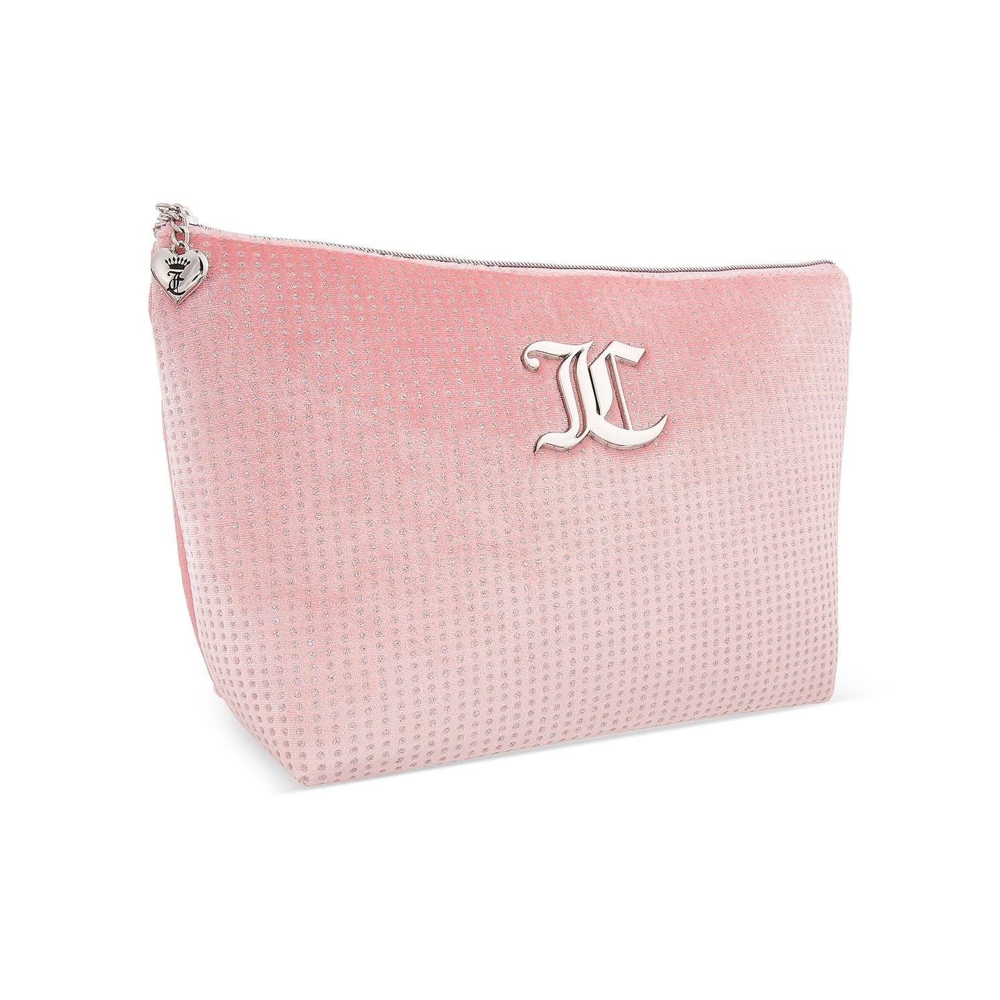 Juicy Couture Pink Makeup Bag Cosmetics Organizer Travel Essentials Zip Top Wedge Velour Glitter Dots