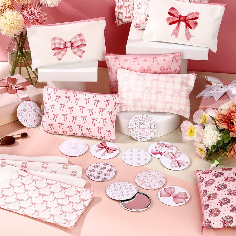 Chunful 12 Sets Coquette Bow Party Favors Includs Bow Canvas Makeup Bags with Zipper and Round Mini Compact Mirror for Women Baby Shower Quinceanera Girl Night Party Favors(Pink,Cute)