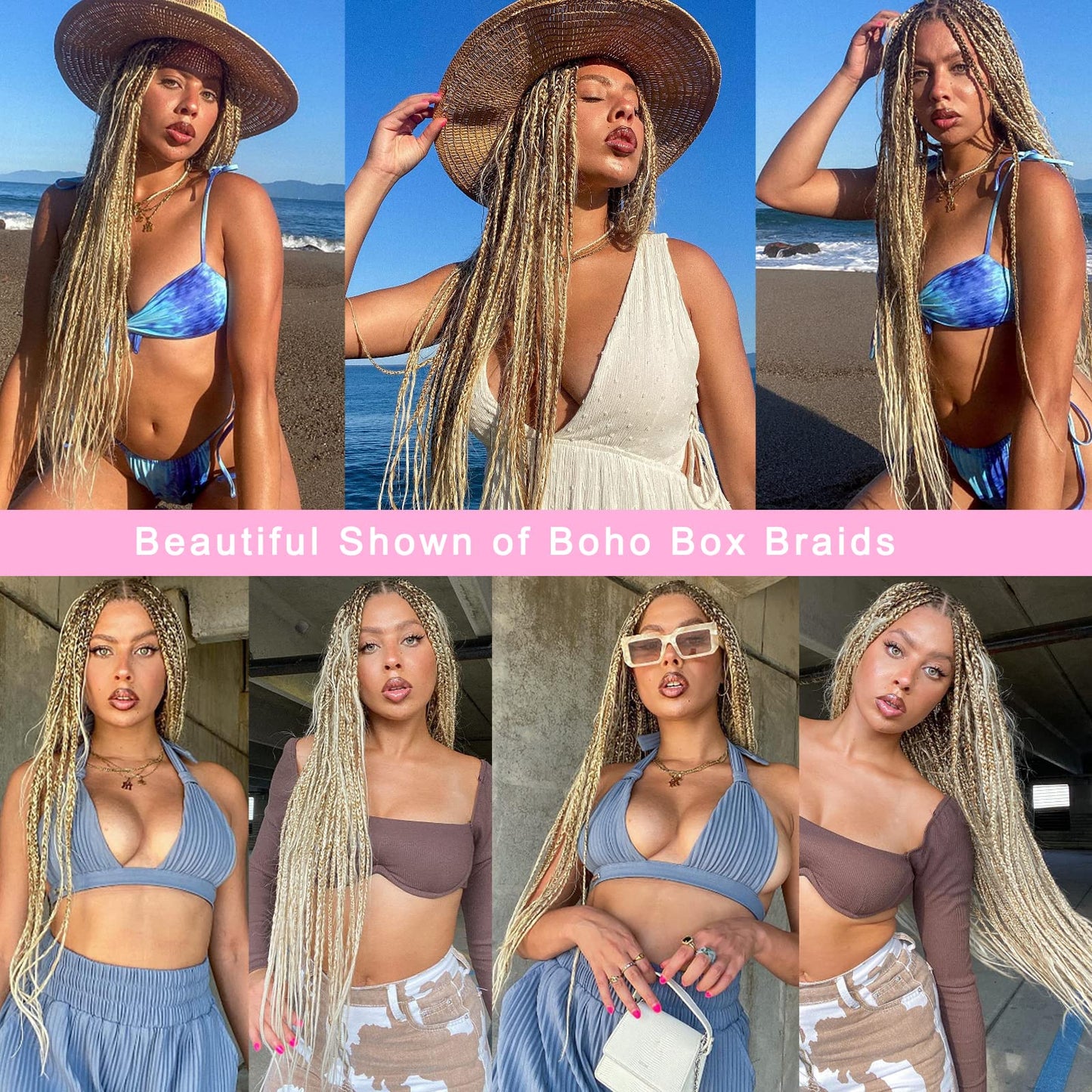 Unionbeauty 18 Inch Boho Box Braids Crochet Hair Pre-looped 8 PCS Goddess Box Braids Crochet Hair Curly Ends Mix Blonde Bohemian Hippie Crochet Braids Synthetic Braiding Hair for Black Woman M27/613#