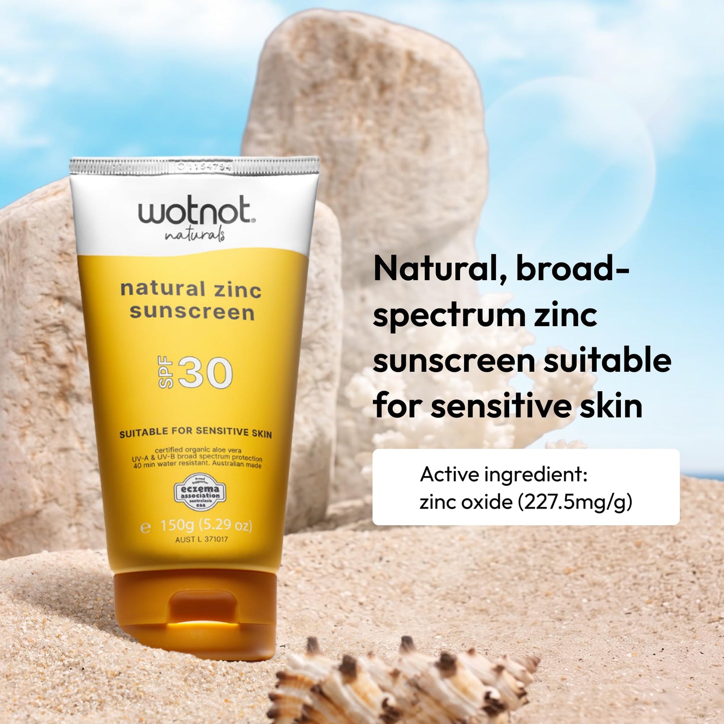 Wotnot Natural Zinc Sunscreen SPF 30 for Sensitive Skin, Mineral Sunscreen for Face & Body, Fragrance-Free Daily Sun Protection for Adults & Family, 5.3oz (150g)