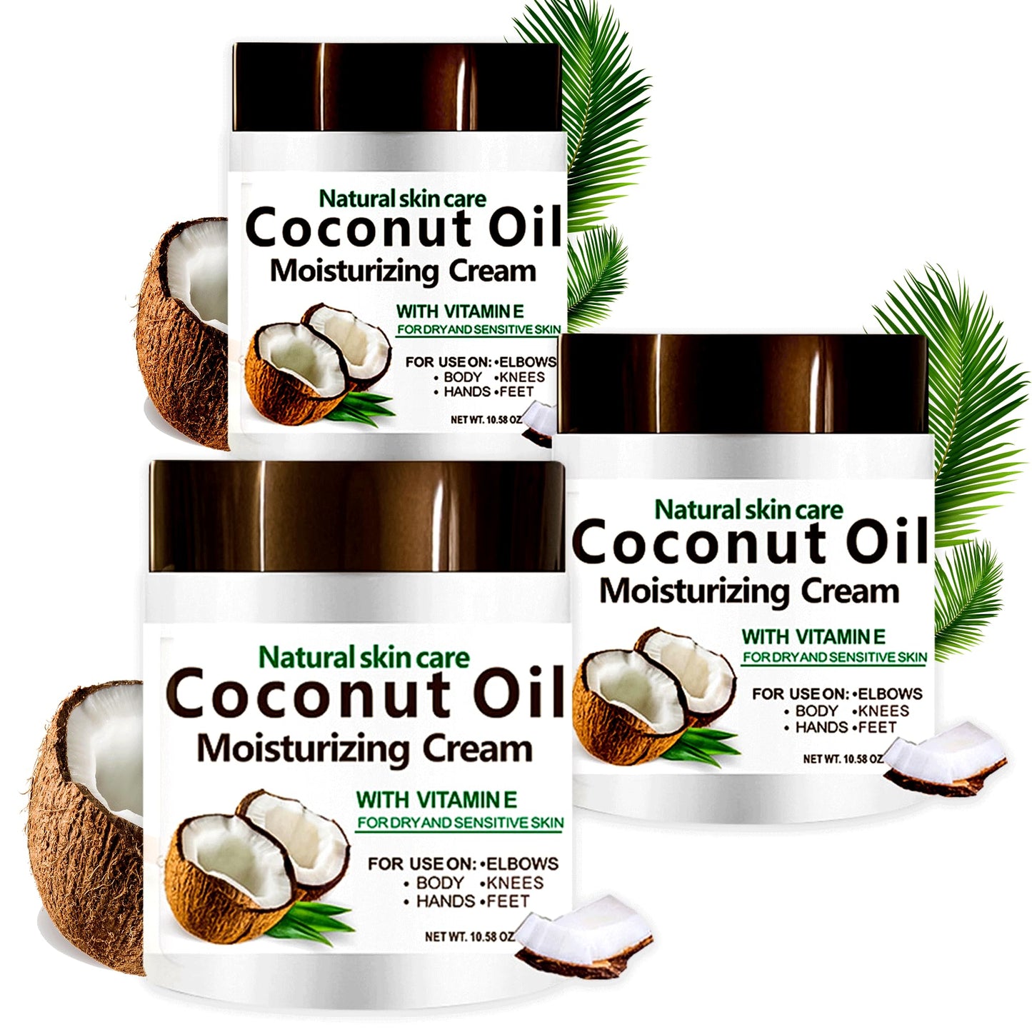 DR MEINAIER 3 Packs x 300 ml Coconut Oil Moisturizing Cream 3-Pack, Lightweight Lotion for Face Body Hands, Fast-Absorbing Non-Greasy Daily Care