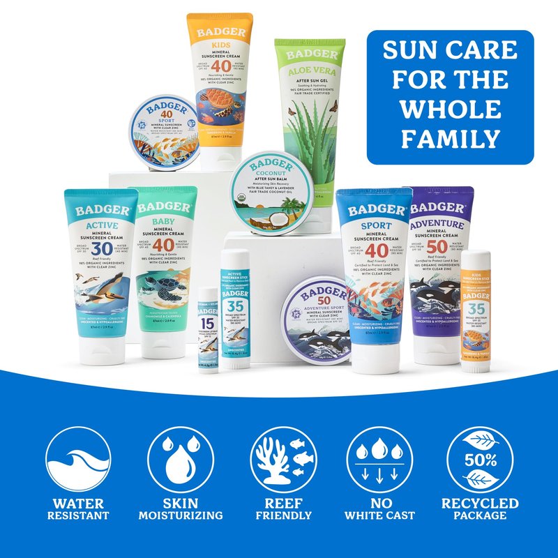 Badger Sport Mineral Sunscreen, Reef Safe, SPF 40, 98% Organic with Zinc Oxide, Water Resistant, Hawaii Reef Act 104 Compliant, Unscented & Hypoallergenic, For Sports & Adventures, 2.9 fl oz, 3-Pack