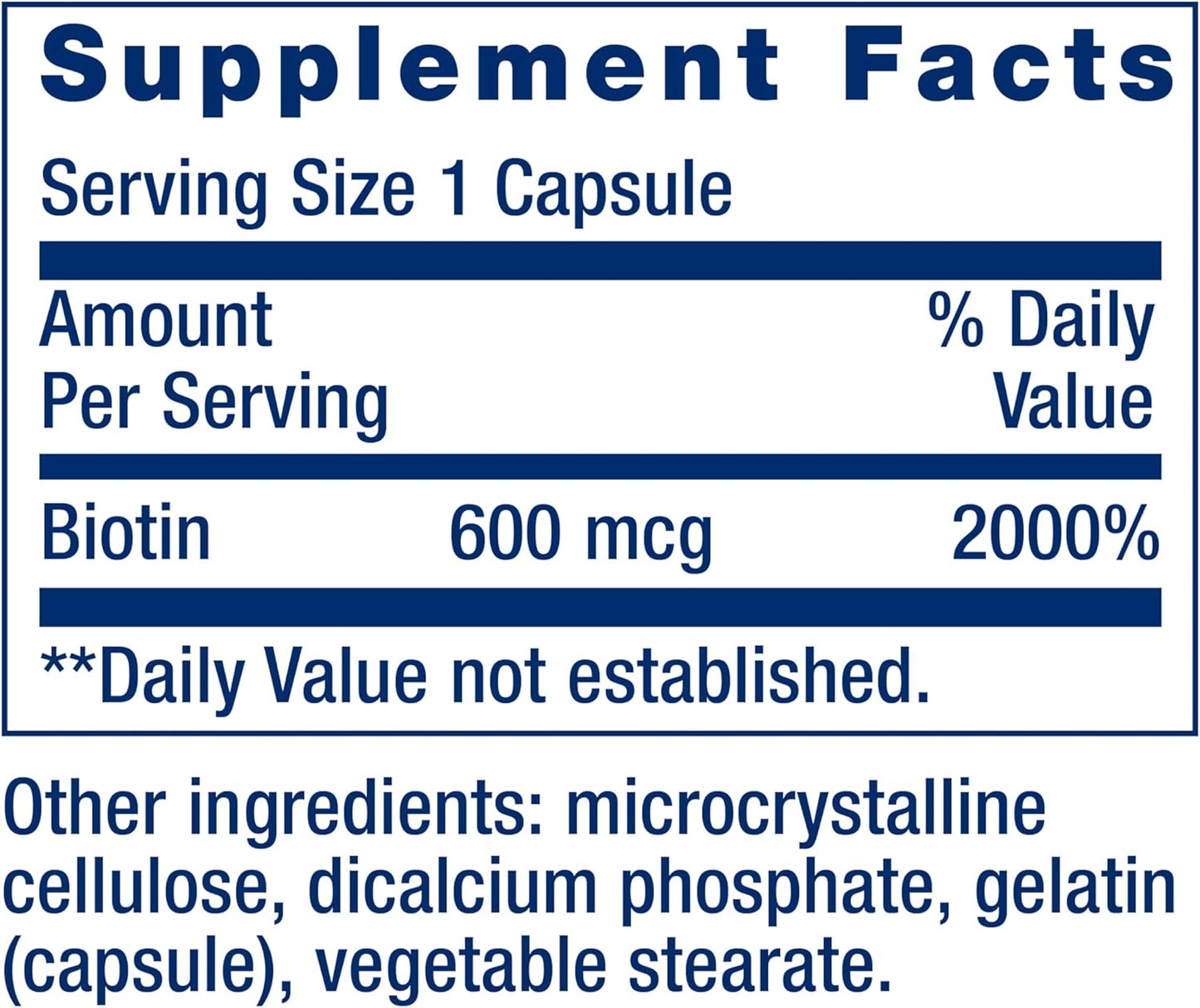 Biotin 600 mcg Vitamin B7 Supplement for Healthy Hair & Nails - Gluten-Free, Non-GMO | 100 Capsules