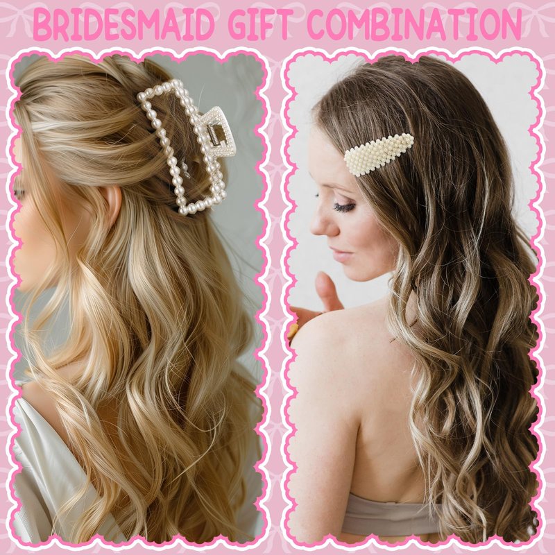 Highergo Bridesmaid Proposal Gifts 8 Pack Pearl Bridesmaid Hair Claw Clips with 3 Rolls Ribbon 8 Pack Pearl Hair Clips to Have & to Hold Your Hair Back Wedding Bridesmaids Hair Accessories Gifts