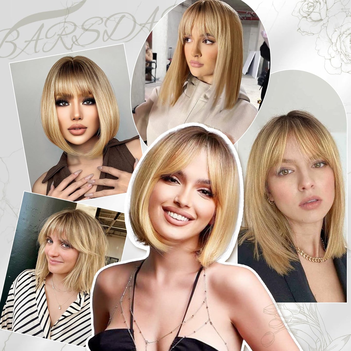 BARSDAR Short Bob Wig with Bangs - Short Blonde Ombre Bob Wigs with Bangs for Women - 12 Inch Chin-Length Blonde Wig with Dark Roots Natural Looking Soft Synthetic Hair Replacement Daily Halloween